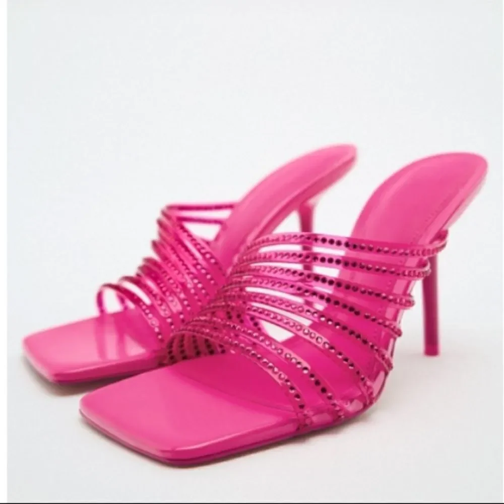 Zara Vinyl Pink Rhinestone Squared Toe High Heels Dress Sandals Shoes Size 8 - Picture 4 of 13